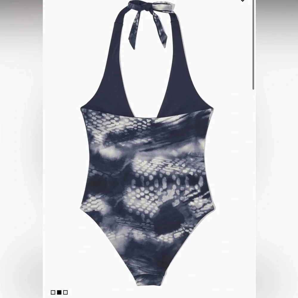 REVERSIBLE PRINTED PLUNGE SWIMSUIT Cos Navy Blue x Blue Pattern One Piece NWT